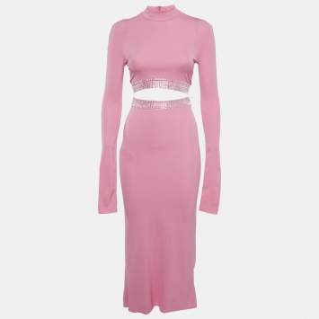Pre Owned David Koma Pink Crystal Embellished Jersey Top and Skirt Set XS