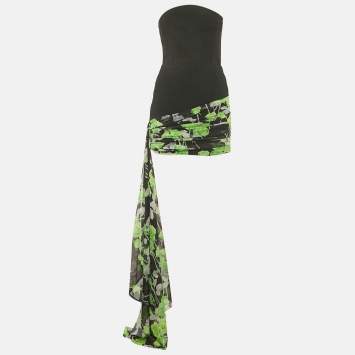 Pre Owned David Koma Black/Green Floral Print Crepe & Jersey Strapless Mini Dress S