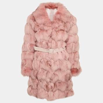 مملوكة مسبقًا جاكيت ديانا فرو حقيقي وردي مع حزام مقاس صغير/متوسط - سمول/ميديم