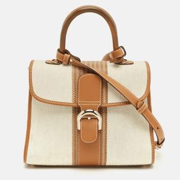 مملوكة مسبقًا Delvaux Brown/Beige Leather and Raffia Brillant Top Handle Bag