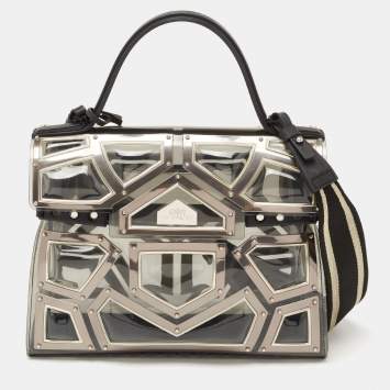 Pre Owned Delvaux Black/Clear Metal Embellished Vinyl Gladiator Tempete Top Handle Bag 
