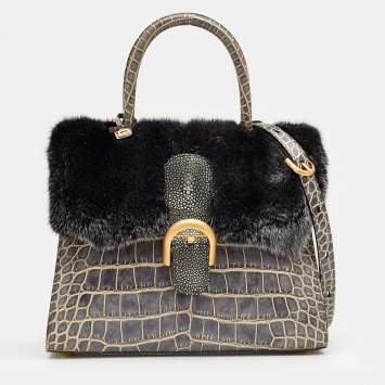 Pre Owned Delvaux Multicolor Mixed Exotic Skin and Fur Le Brillant MM Top Handle Bag