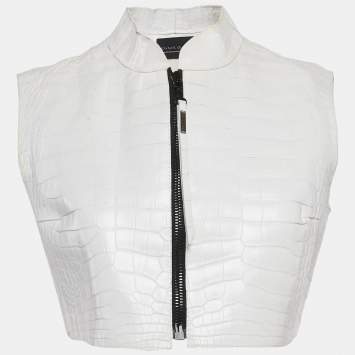 Pre Owned Dennis Basso White Leather Zip-Up Crop Vest S