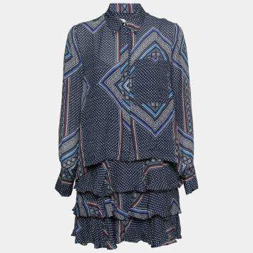 Pre Owned Derek Lam 10 Crosby Blue Printed Silk Tiered Dress and Blouse Set M