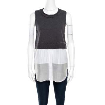 Pre Owned 10 Crosby Derek Lam Grey and White Knit Striped Layered Sleeveless Blouse S