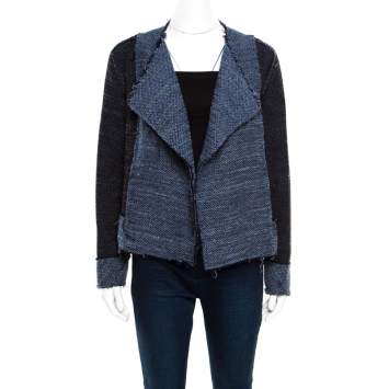 Pre Owned 10 Crosby Derek Lam Navy Blue and Black Textured Raw Trim Detail Open Front Jacket S