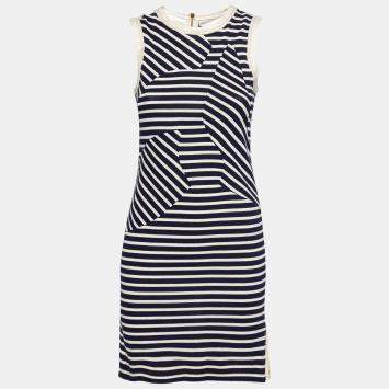 Pre Owned Derek Lam Navy Blue Striped Cotton Paneled Sleeveless Sheath Dress S