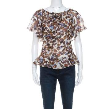 Pre Owned Derek Lam Multicolor Printed Chiffon Front Tie Detail Blouse S