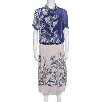 مملوكة مسبقًا Derek Lam Bicolor Floral Print Crepe Shirt Dress L