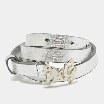 Pre Owned D&G Silver Leather DG Logo Slim Buckle Belt 95CM