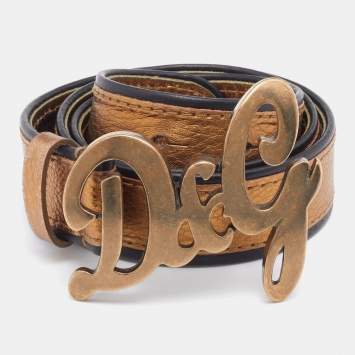 Pre Owned D&G Metallic Gold/Black Leather Logo Buckle Belt 90 CM