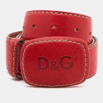 Pre Owned D&G Red Leather Logo Buckle Belt 90 CM