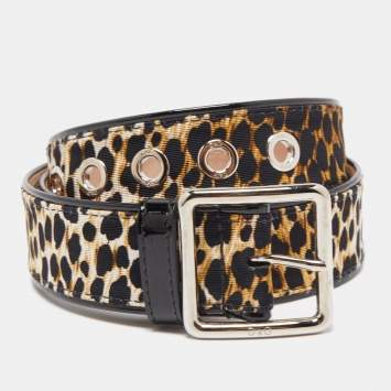 Pre Owned D&G Black/Brown Leopard Print Fabric and Patent Leather Buckle Belt 85CM