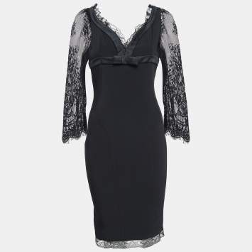 Pre Owned D&G Black Stretch Crepe Lace Trim V Neck Mini Dress S