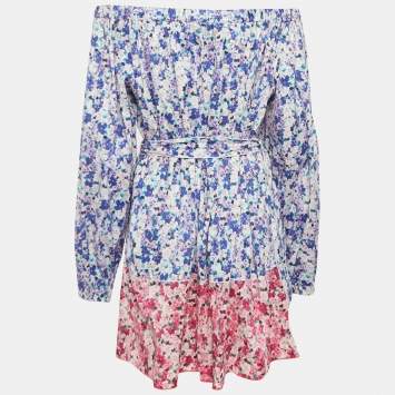 Pre Owned D&G Purple Floral Print Cotton Belted Off Shoulder Mini Dress S
