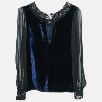 Pre Owned D&G Blue Lace Trim Velvet and Silk Blouse S