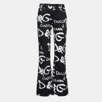 Pre Owned D&G Black Logo Print Denim Wide-Leg Jeans M 