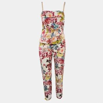 Pre Owned Dolce & Gabbana Multicolor Floral Print Cotton/Silk Top and Pants Set M