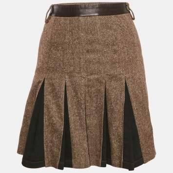 D&G Brown Wool and Leather Trim Pleated Mini Skirt S