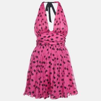 Pre Owned D&G Pink Polka Dot Silk Neck Tie Detail Mini Dress S 