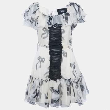 Pre Owned D&G Cream Bow Print Silk Ruffle Mini Dress S