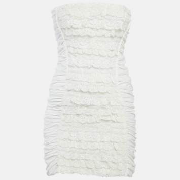 Pre Owned فستان دي آند جي قطن كريمي مع دانتيل مكشكش بدون حمالات قصير مقاس صغير (سمول)