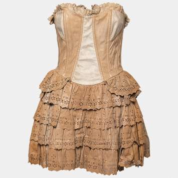Pre Owned D&G Beige Leather Vintage Eyelet Mini Cocktail Dress M
