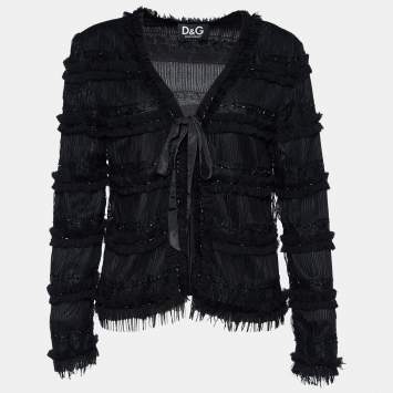 Pre Owned D&G Black Lace & Tulle Bead Embellished Tie Detail Jacket M