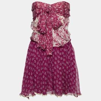 Pre Owned D&G Purple Floral Printed Silk Chiffon Tie Detail Strapless Mini Dress S