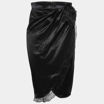 Pre Owned D&G Black Silk Satin Lace Trimmed Draped Skirt M