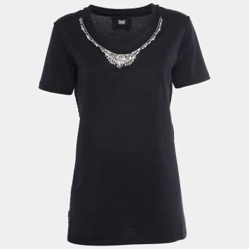 Pre Owned D&G Black Cotton Rhinestone Embellished T-Shirt M