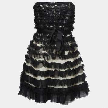 Pre Owned D&G Black Silk Ruffled Belted Strapless Mini Dress M