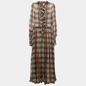 Pre Owned D&G Grey Checked Chiffon Silk Ruffled Tiered Maxi Dress M