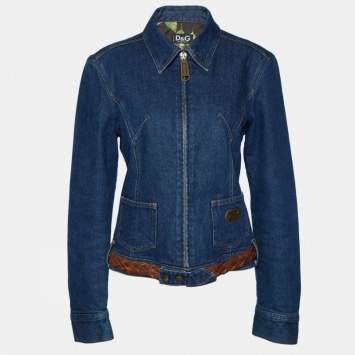 Pre Owned D&G Blue Denim Leather Trim Detail Zip Front Jacket M