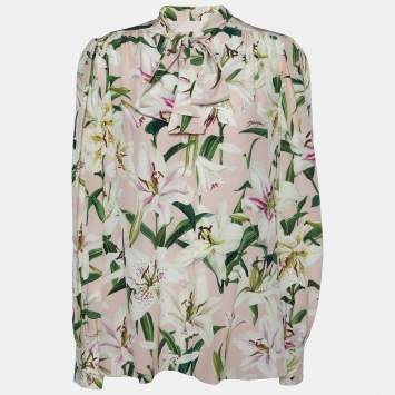 Pre Owned Dolce & Gabbana Pink Floral Printed Silk Neck Tie Detail Shirt L