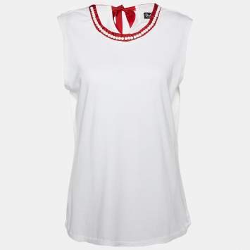 Pre Owned D&G White Cotton Knit Neck Tie Detail Sleeveless Top XL
