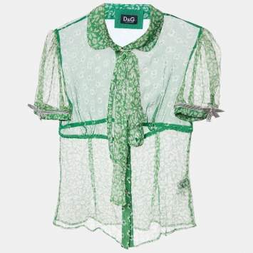 Pre Owned D&G Green printed Silk Neck Tie Detail Top S