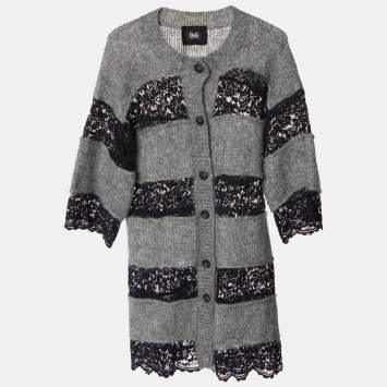 Pre Owned D&G Grey and Black Striped Lace Knit Cardigan M
