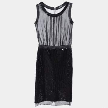 Pre Owned D&G Black Silk & Sequin Sheer Detail Midi Dress M