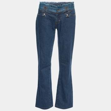 Pre Owned D&G Navy Blue Denim Tweed Waist Detail Flared Jeans M Waist 33"