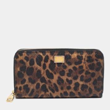 Pre Owned Dolce & Gabbana Beige/Brown Leopard Print Coated Canvas Zip Around Wallet