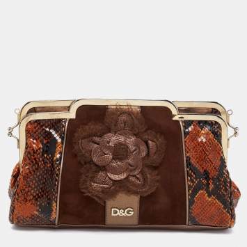 Pre Owned D&G Brown Snakeskin Embossed Leather And Suede Floral Applique Clutch