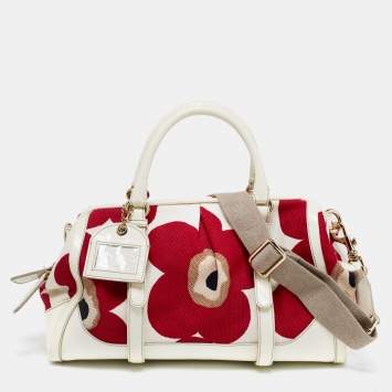 Pre Owned D&G Red/White Floral Print Canvas And Patent Leather Satchel