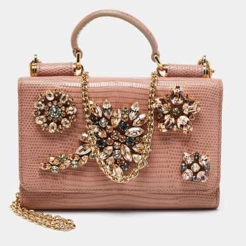 Pre Owned Dolce & Gabbana Beige Lizard Embossed Leather Sicily Von Crystals Smartphone Bag 