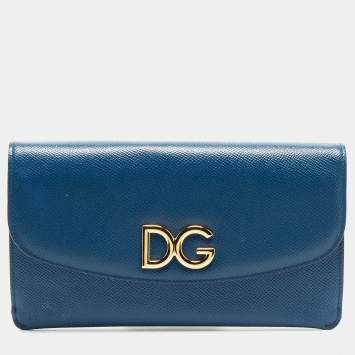 Pre Owned Dolce & Gabbana Blue Grained Leather DG Logo Flap Chain Clutch