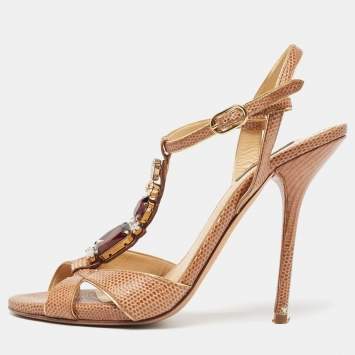 Pre Owned Dolce & Gabbana Brown Lizard Embossed Ankle Strap Sandals Size 38.5