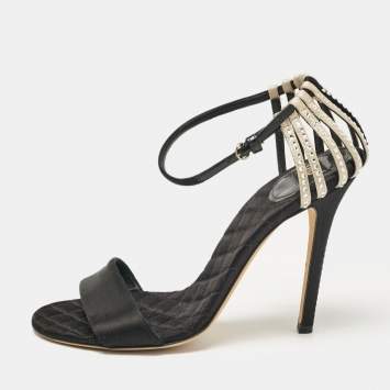 Pre Owned D&G Black/Beige Satin Crystal Embellished Ankle Strap Sandals Size 38