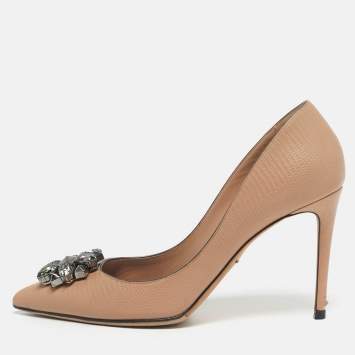 Pre Owned Dolce & Gabbana Bellucci Size 40 Beige Lizard Embossed Leather Pumps