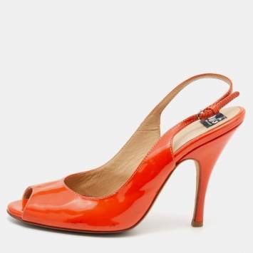 Pre Owned D&G Orange Patent Leather Peep Toe Slingback Sandals Size 37