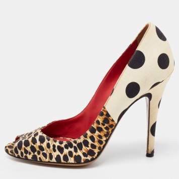 Pre Owned D&G  Brown/Cream Canvas Leopard Printed Peep Toe Pumps Size 39